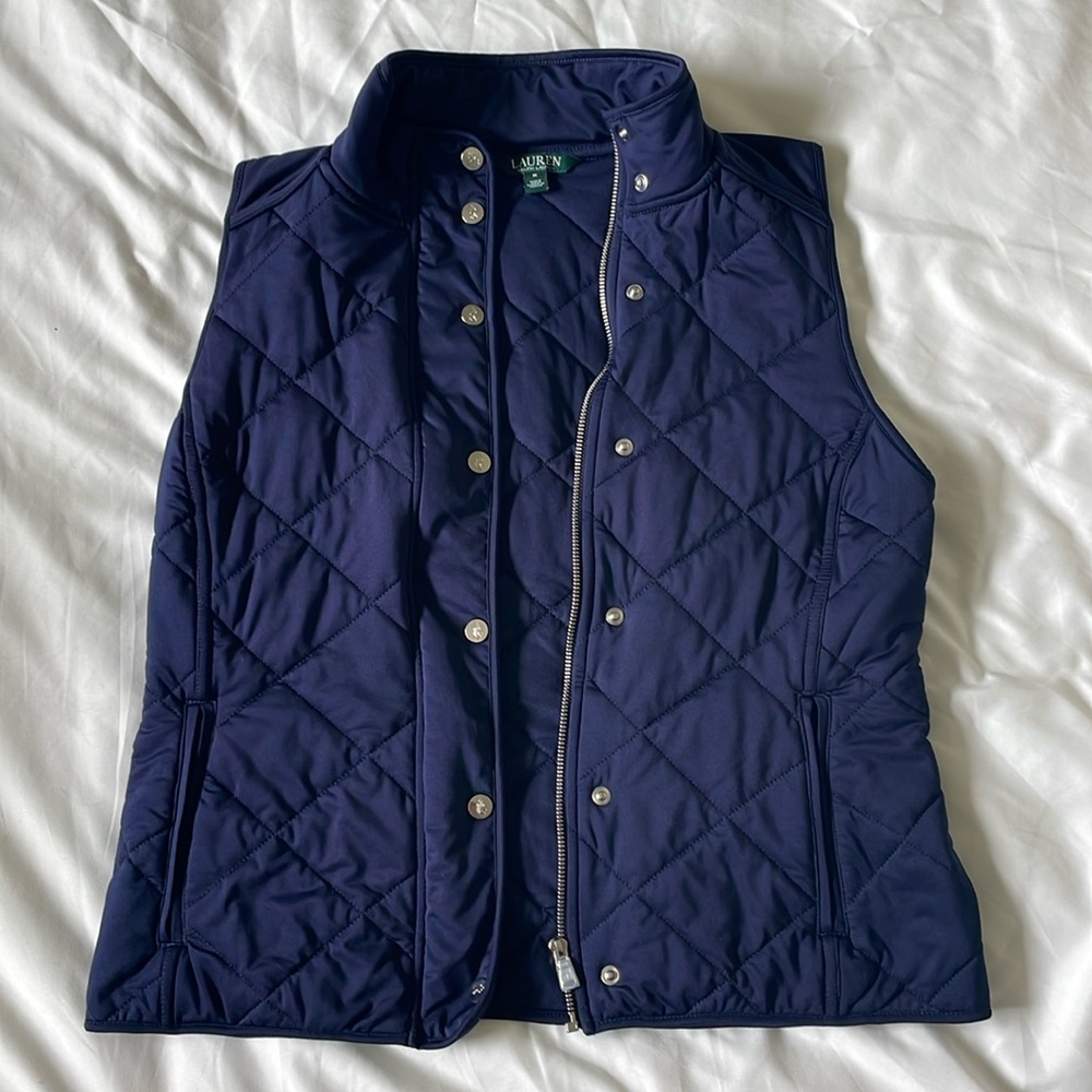 Ralph Lauren Quilted Vest Size Medium Navy with Silver Buttons and Zipper